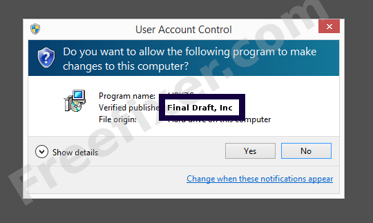 Screenshot where Final Draft, Inc appears as the verified publisher in the UAC dialog